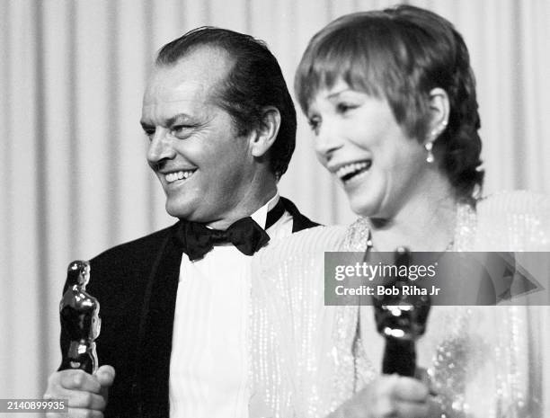 Actor Jack Nicholson enjoys a winning moment backstage with Actress Shirley MacLaine at the 56th Annual Academy Awards Show, April 9, 1984 in Los...