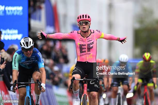 Marijn van den Berg of The Netherlands and Team EF Education - EasyPost celebrates at finish line as stage winner ahead of Benoit Cosnefroy of France...