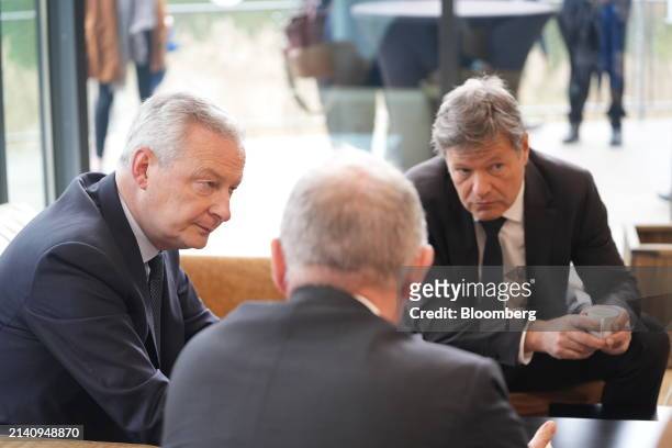 Bruno Le Maire, France's finance minister, Adolfo Urso, Italy's business minister, and Robert Habeck, Germany's economy minister, left to right,...