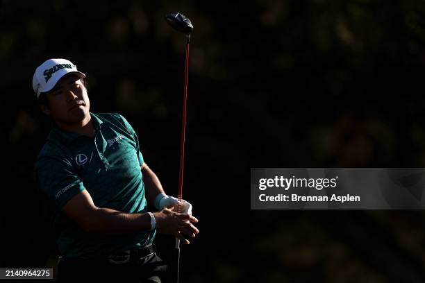 Hideki Matsuyama of Japan plays his tee shot from the 14th hole during the second round of the Valero Texas Open at TPC San Antonio on April 05, 2024...