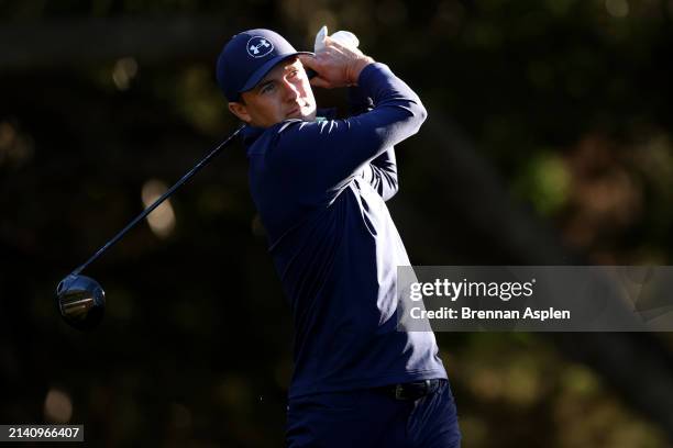 Jordan Spiet of the United States plays his tee shot from the 14th hole during the second round of the Valero Texas Open at TPC San Antonio on April...