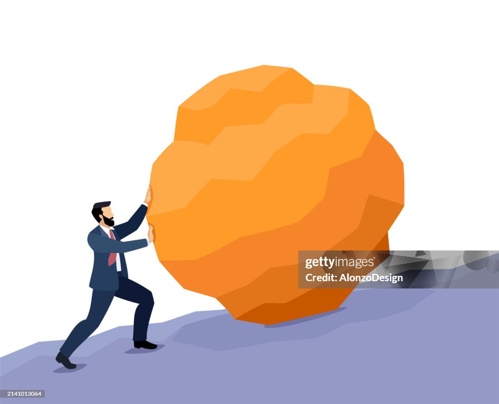 Businessman pushing huge stone uphill. Business problem crisis hardship and burden concept.