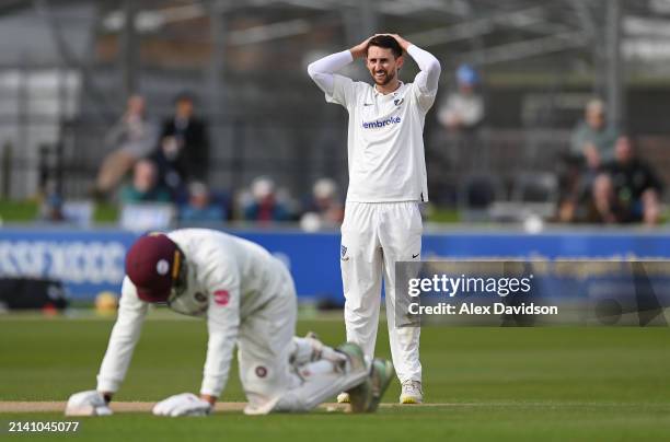 Fynn Hudson-Prentice of Sussex reacts during Day 1 of the Vitality County Championship match between Sussex and Northamptonshire at The 1st Central...