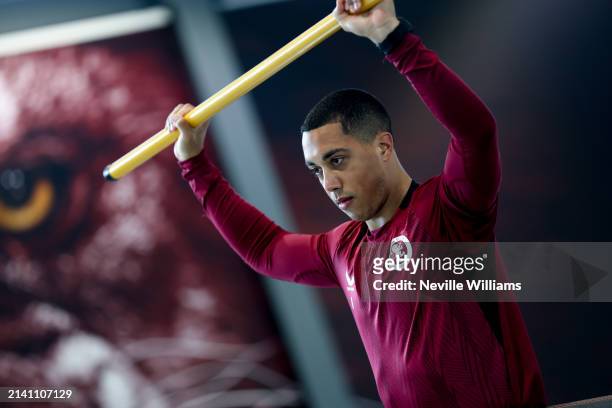 Youri Tielemans of Aston Villa in action during training session at Bodymoor Heath training ground on April 05, 2024 in Birmingham, England.