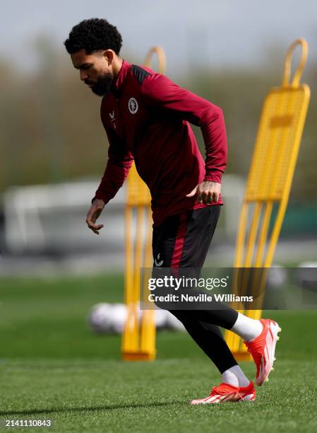 Douglas Luiz of Aston Villa in action during training session at Bodymoor Heath training ground on April 05, 2024 in Birmingham, England.