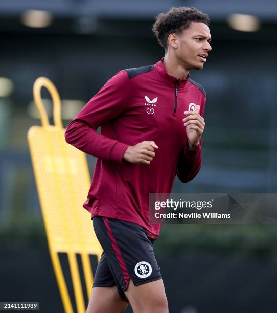 Omari Kellyman of Aston Villa in action during training session at Bodymoor Heath training ground on April 05, 2024 in Birmingham, England.