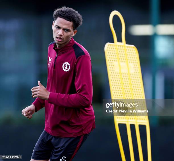 Omari Kellyman of Aston Villa in action during training session at Bodymoor Heath training ground on April 05, 2024 in Birmingham, England.