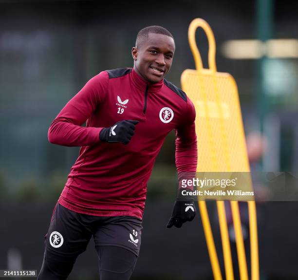 Moussa Diaby of Aston Villa in action during training session at Bodymoor Heath training ground on April 05, 2024 in Birmingham, England.