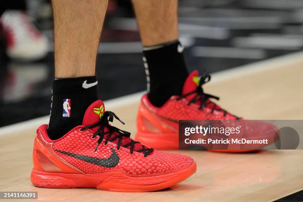 Detail view of the Nike basketball shoes worn by Alex Caruso of the Chicago Bulls during the second half against the Atlanta Hawks at the United...