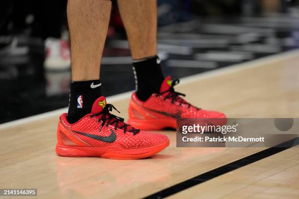 Detail view of the Nike basketball shoes worn by Alex Caruso of the Chicago Bulls during the second half against the Atlanta Hawks at the United...