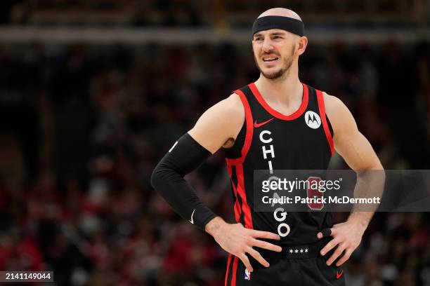 Alex Caruso of the Chicago Bulls looks on during the second half against the Atlanta Hawks at the United Center on April 01, 2024 in Chicago,...