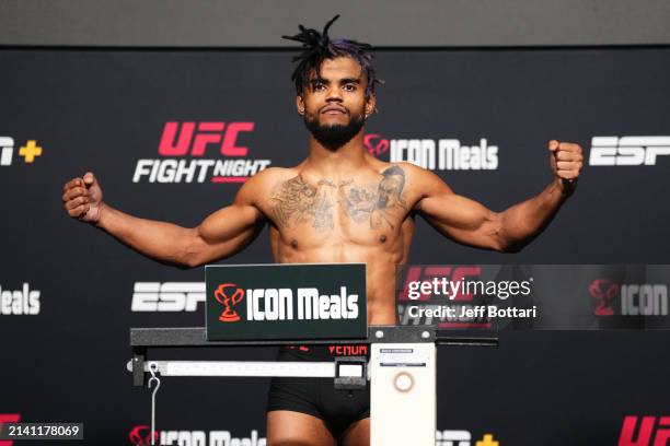 Morgan Charriere of France poses on the scale during the UFC Fight Night weigh-in at UFC APEX on April 05, 2024 in Las Vegas, Nevada.