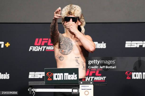 Brendan Allen poses on the scale during the UFC Fight Night weigh-in at UFC APEX on April 05, 2024 in Las Vegas, Nevada.