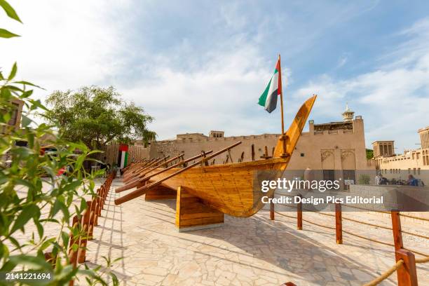 Historic ship sculpture in Old City of Dubai. Dubai, United Arab Emirates.