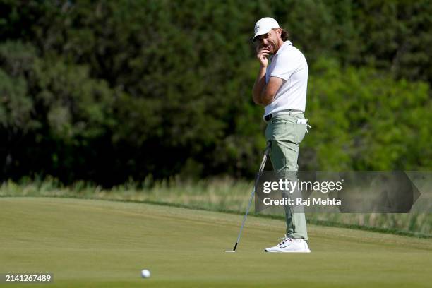 Tommy Fleetwood of England reacts after playing his putt shot on the 3rd hole during the second round of the Valero Texas Open at TPC San Antonio on...