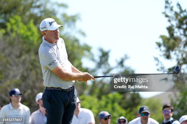 Lucas Glover of the United States plays his tee shot on the 4th hole during the second round of the Valero Texas Open at TPC San Antonio on April 05,...
