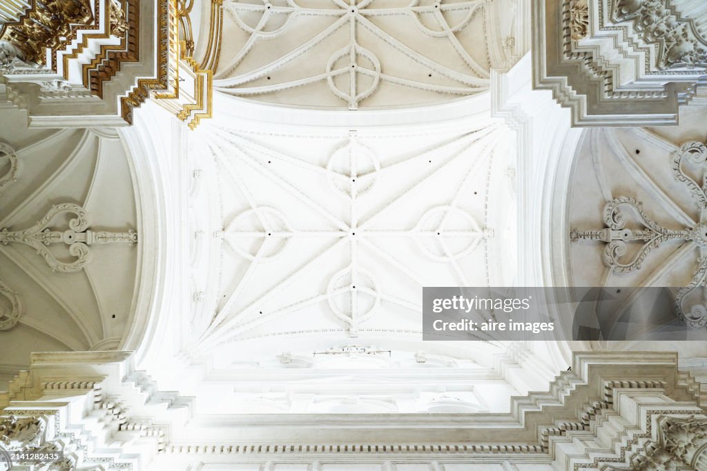 Low angle view of the ceiling inside a cathedral with no people around with pillars on the sides