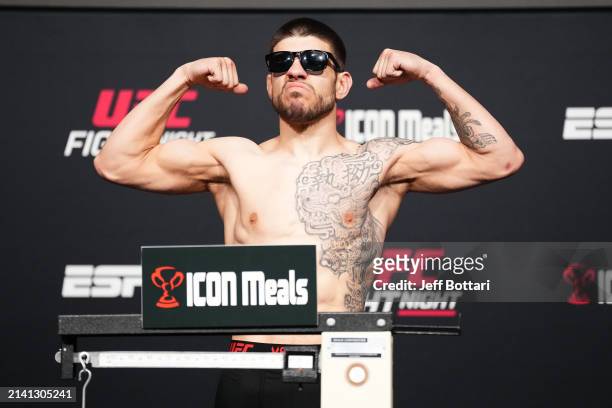 Chepe Mariscal poses on the scale during the UFC Fight Night weigh-in at UFC APEX on April 05, 2024 in Las Vegas, Nevada.