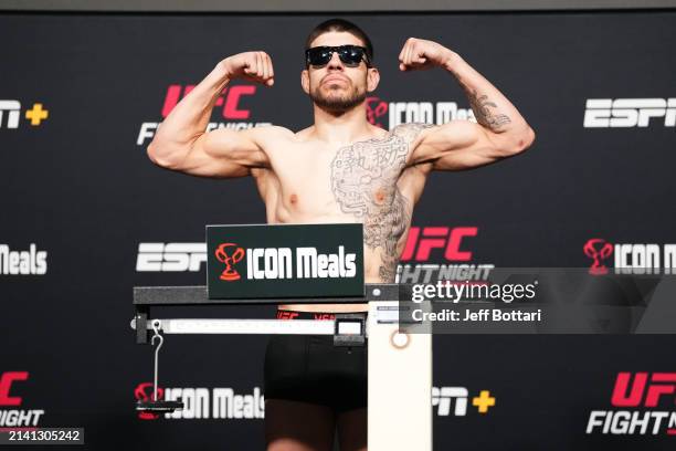 Chepe Mariscal poses on the scale during the UFC Fight Night weigh-in at UFC APEX on April 05, 2024 in Las Vegas, Nevada.