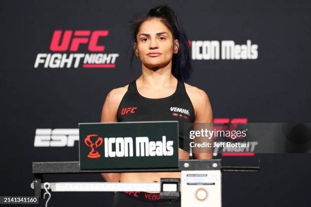 Cynthia Calvillo poses on the scale during the UFC Fight Night weigh-in at UFC APEX on April 05, 2024 in Las Vegas, Nevada.