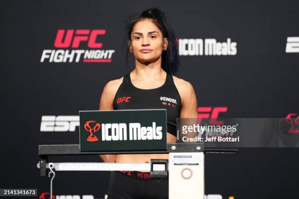 Cynthia Calvillo poses on the scale during the UFC Fight Night weigh-in at UFC APEX on April 05, 2024 in Las Vegas, Nevada.