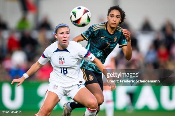 Maggie Taitano of USA challenges Cora Zicai of Germany at Sportclub Arena on April 05, 2024 in Verl, Germany.