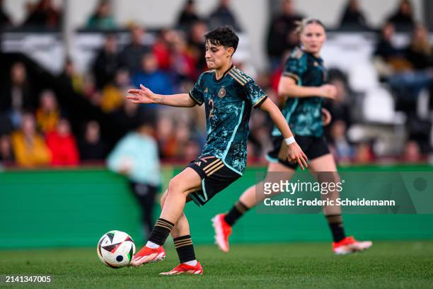 Dilara Acikgoez of Germany passes the ball at Sportclub Arena on April 05, 2024 in Verl, Germany.