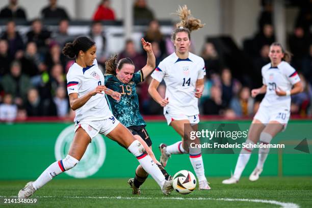 Jordyn Bugg of USA challenges Marie Steiner of Germany at Sportclub Arena on April 05, 2024 in Verl, Germany.