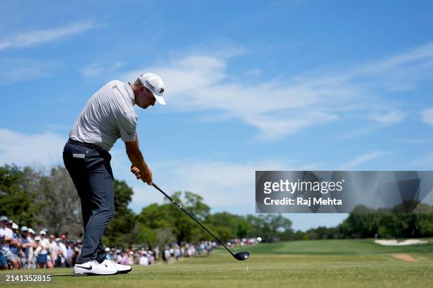 Lucas Glover of the United States plays his tee shot on the 8th hole during the second round of the Valero Texas Open at TPC San Antonio on April 05,...