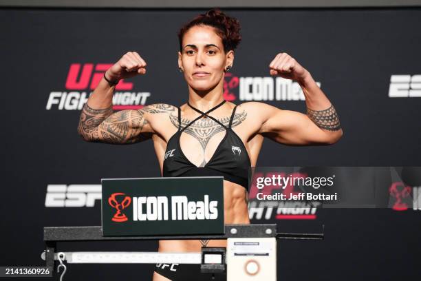 Nora Cornolle of France poses on the scale during the UFC Fight Night weigh-in at UFC APEX on April 05, 2024 in Las Vegas, Nevada.