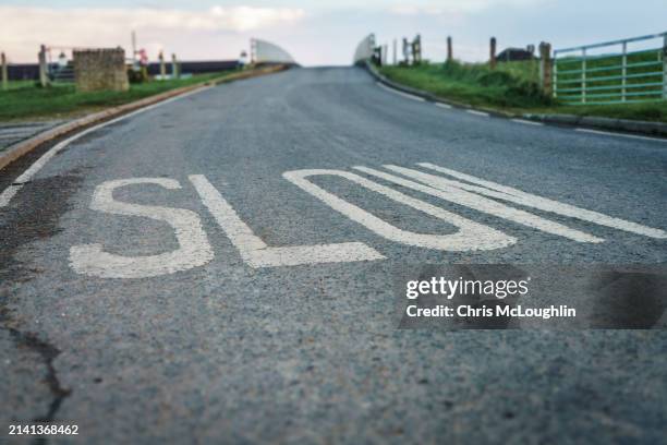pothole and slow sign - lentezza foto e immagini stock