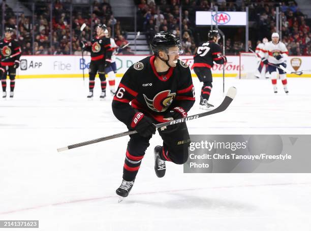 Erik Brannstrom of the Ottawa Senators skates against the Florida Panthers at Canadian Tire Centre on April 04, 2024 in Ottawa, Ontario, Canada.