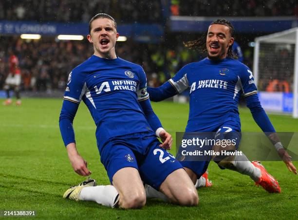 Conor Gallagher of Chelsea celebrates with Malo Gusto after opening the scoring during the Premier League match between Chelsea FC and Manchester...