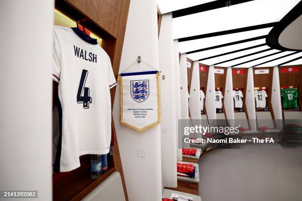 Pennant is seen alongside the shirt of Keira Walsh in the England dressing room prior to the UEFA EURO 2025 Women's Qualifiers match between England...