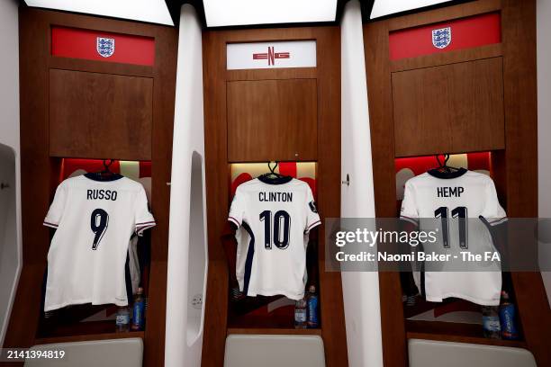 The shirts of Alessia Russo, Grace Clinton and Lauren Hemp of England are seen in the England dressing room prior to the UEFA EURO 2025 Women's...