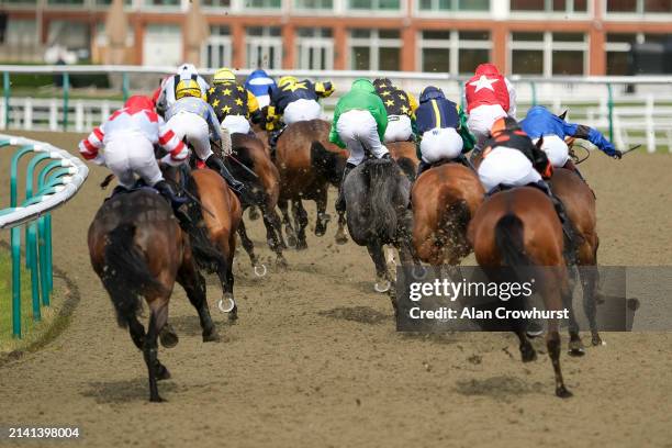 Into the straight at Lingfield Park Racecourse on April 05, 2024 in Lingfield, England.
