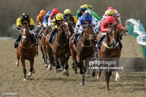 Oisin Murphy riding Louisiana Bay win The Enjoy The Racing App For Free Handicap at Lingfield Park Racecourse on April 05, 2024 in Lingfield, England.