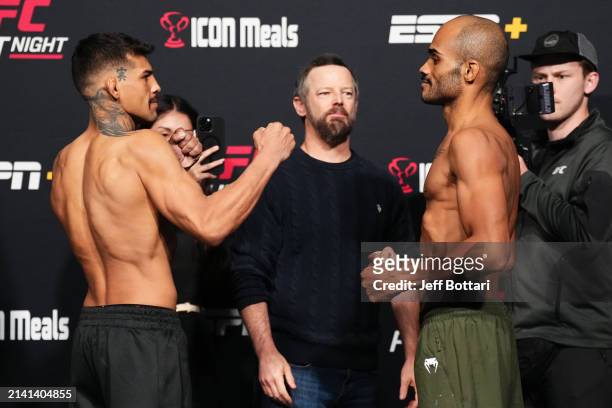 Opponents Pedro Falcao of Brazil and Victor Hugo of Brazil face off during the UFC Fight Night weigh-in at UFC APEX on April 05, 2024 in Las Vegas,...