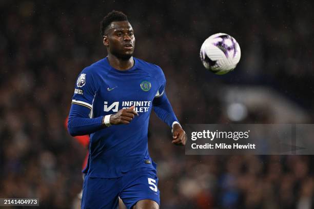 Benoit Badiashile of Chelsea in action during the Premier League match between Chelsea FC and Manchester United at Stamford Bridge on April 04, 2024...