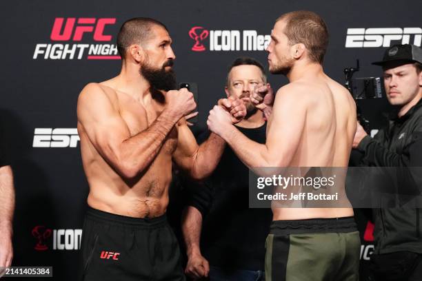 Opponents Court McGee and Alex Morono face off during the UFC Fight Night weigh-in at UFC APEX on April 05, 2024 in Las Vegas, Nevada.