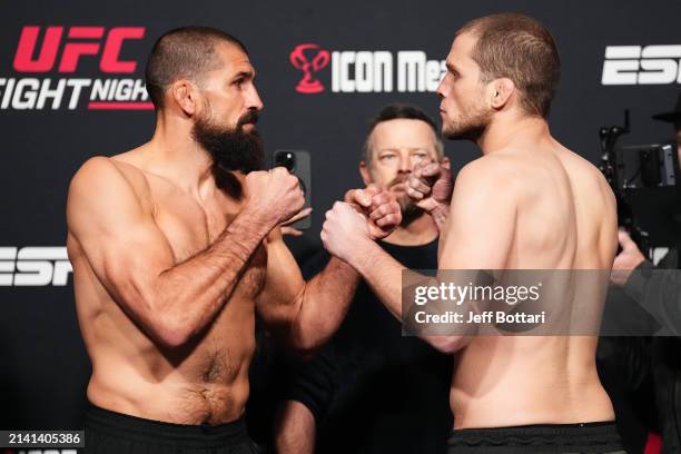 Opponents Court McGee and Alex Morono face off during the UFC Fight Night weigh-in at UFC APEX on April 05, 2024 in Las Vegas, Nevada.