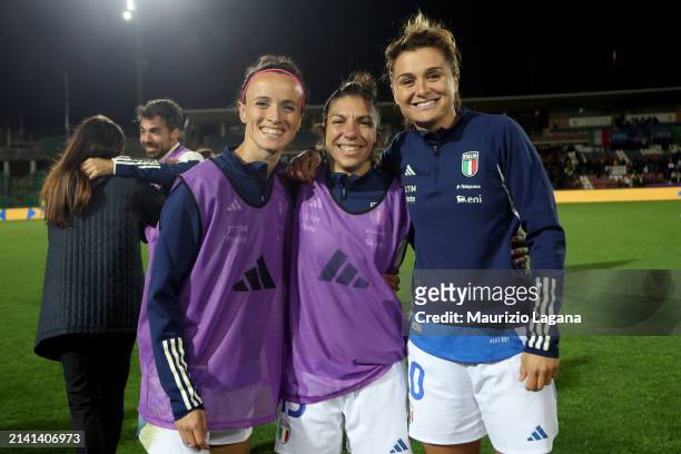 Players of Italy celebrate the victory after the UEFA EURO 2025 Women's Qualifiers between Italy and Netherlands at Stadio San Vito on April 05, 2024...