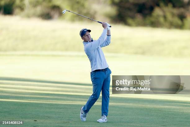 Luke Donald of England plays his second shot on the 5th hole during the second round of the Valero Texas Open at TPC San Antonio on April 05, 2024 in...