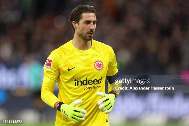 Kevin Trapp of Eintracht Frankfurt looks on prior to the Bundesliga match between Eintracht Frankfurt and SV Werder Bremen at Deutsche Bank Park on...