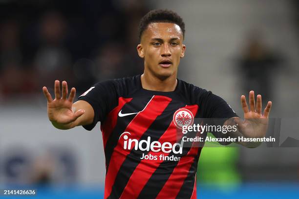 Tuta of Eintracht Frankfurt gestures as he reacts during the Bundesliga match between Eintracht Frankfurt and SV Werder Bremen at Deutsche Bank Park...