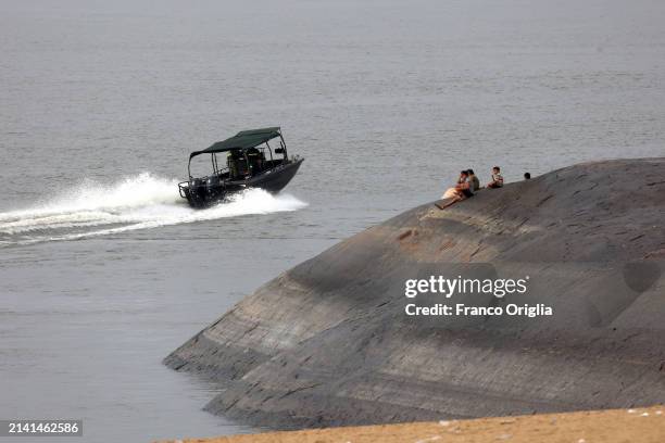 Border river guards patrol the Orinoco River on April 05, 2024 in Puerto Carreño, Colombia. Puerto Carreño is the departmental capital city, and a...