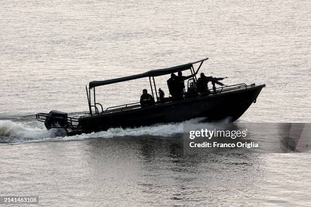 Border river guards patrol the Orinoco River on April 05, 2024 in Puerto Carreño, Colombia. Puerto Carreño is the departmental capital city, and a...