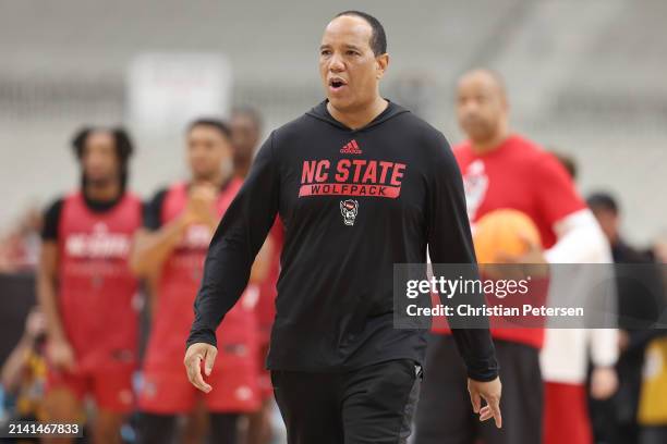 Head coach Kevin Keatts of the North Carolina State Wolfpack reacts during a practice session at State Farm Stadium on April 05, 2024 in Glendale,...