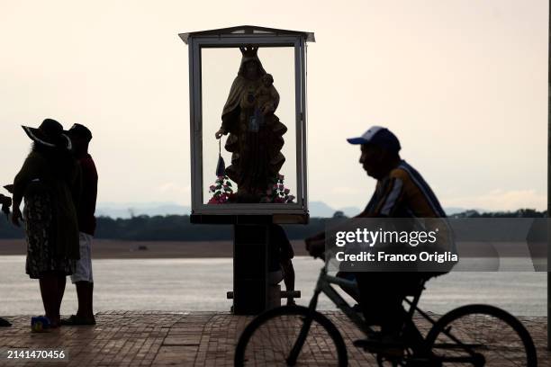 The statue of The Virgen Maria del Perto is seen at the port on the Orinoco River on April 05, 2024 in Puerto Carreño, Colombia. Puerto Carreño is...