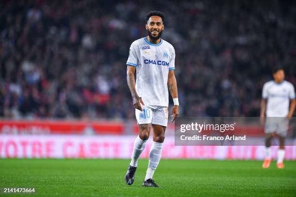 Pierre Emerick Aubameyang of Olympique de Marseille looks on during the Ligue 1 Uber Eats match between Lille OSC and Olympique de Marseille at Stade...